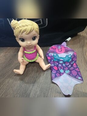 Baby Alive Doll with Pink & Green Swimsuit and Purple Mermaid Towel